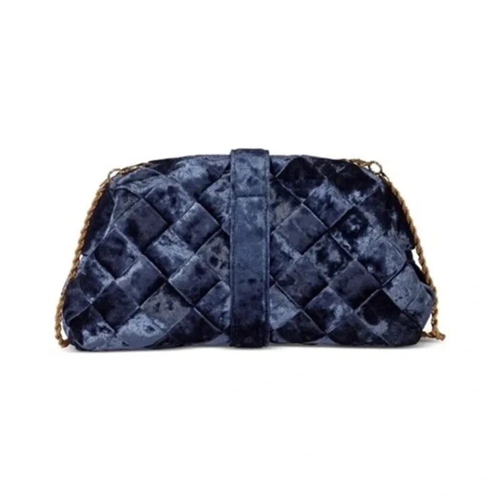 NEW SAM EDLEMAN BRIT FRAME BLUE VELVET CRYSTAL CLUTCH SHOULDER BAG